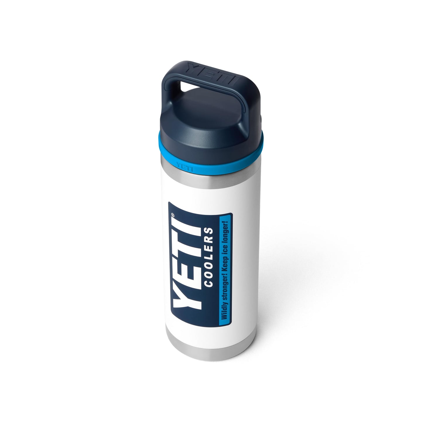 YETI Rambler 18 oz Bottle, Leakproof, Vacuum Insulated, Stainless Steel with Chug Cap, White/Blue