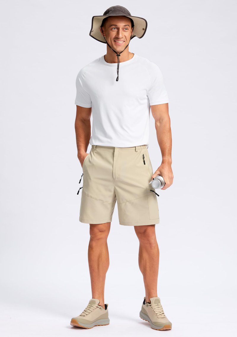 Pudolla Men's Hiking Cargo Shorts Lightweight 7" Travel Casual Shorts for Men Golf Work Outdoor with 5 Zipper Pockets(Khaki Medium)