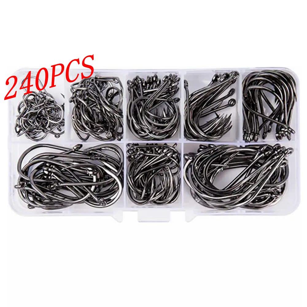 FCFKUK 240pcs/box Large Size Premium Fishhooks, 8 Sizes Strong Custom Offset Sport Black High Carbon Steel Barbs Fishing Hooks