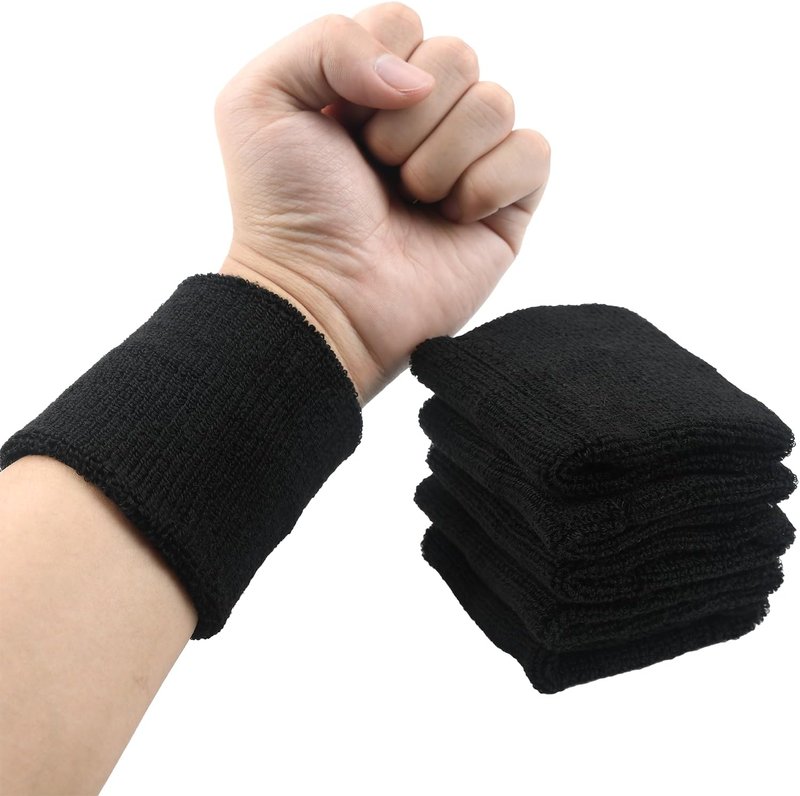 6 Pack Breathable Cotton Sweatbands for Men & Women | Athletic Wristbands for Running, Basketball, Football - Black