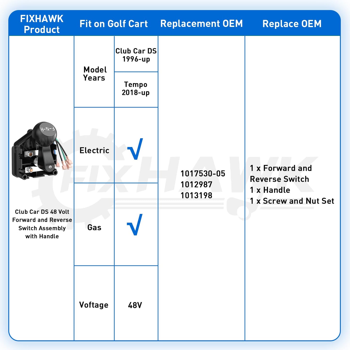 FIXHAWK Club Car DS 48 Volt Forward Reverse Switch Assembly with Handle, Micro Switch for 1996-Up Club Car DS and 2018-UP Tempo Golf Cart. Replaces OEM# 1017530-05 1012987