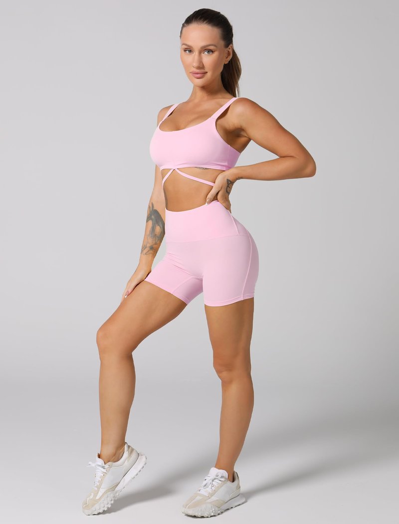 ABOCIW Workout Sets for Women Strappy Sports Bra High Waist Workout Shorts 2 Piece Gym Set Fitness Yoga Outfits Y-Light Pink Medium