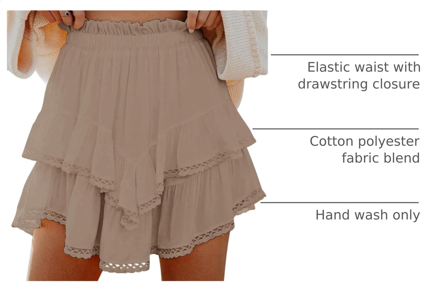 Aoudery Flowy Shorts for Women Casual Boho Ruffle Tiered Skorts High Waist Mini Skirts Golf Tennis Butterfly Crochet Shorts - Khaki L