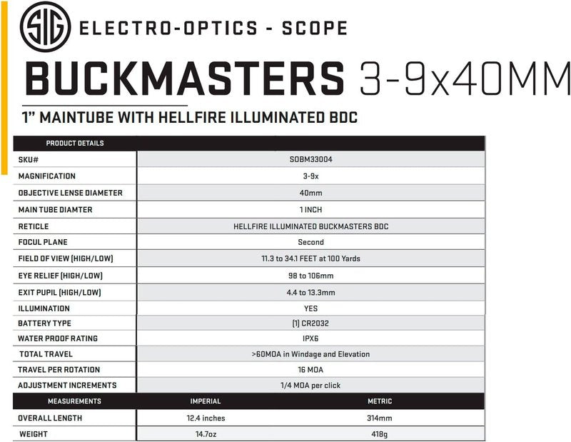 SIG SAUER Buckmasters 3-9x40mm Riflescope - Durable Shockproof & Waterproof, Black Finish
