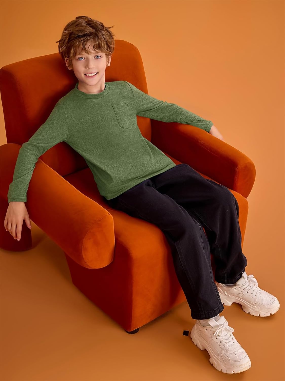 Boys Long Sleeve Crewneck Shirts - Casual Tees with Chest Pocket | Ages 5-14
