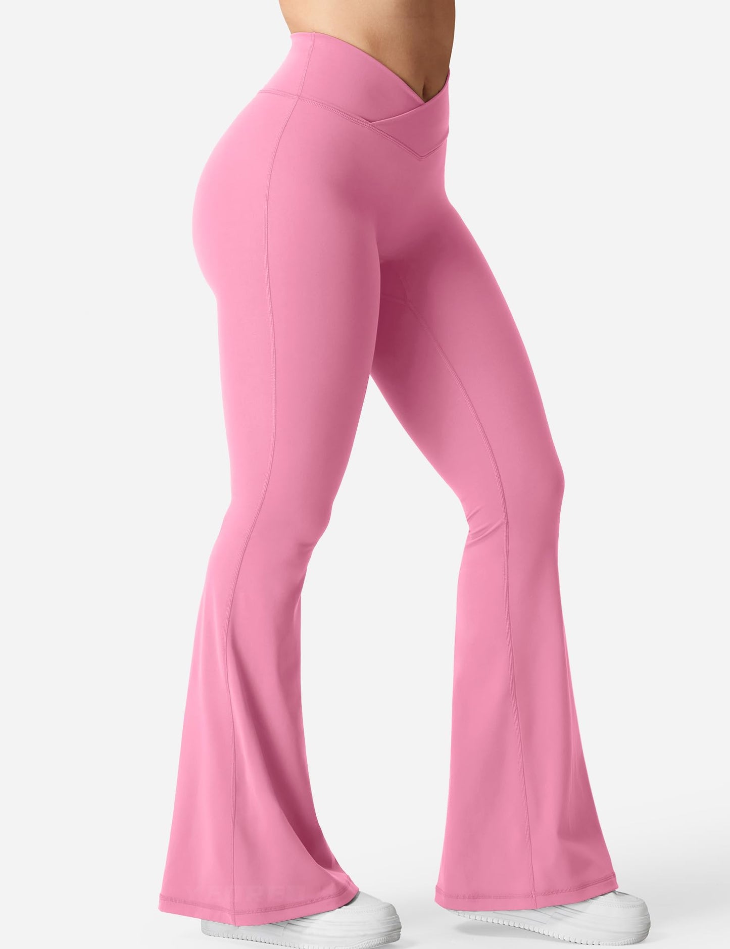 YEOREO Kalie Flare Scrunch Leggings for Women V Cross Waist Bell Bottom Yoga Pants Tummy Control Bootcut Workout Leggings Begonia Pink M