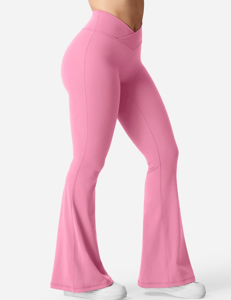YEOREO Kalie Flare Scrunch Leggings for Women V Cross Waist Bell Bottom Yoga Pants Tummy Control Bootcut Workout Leggings Begonia Pink M