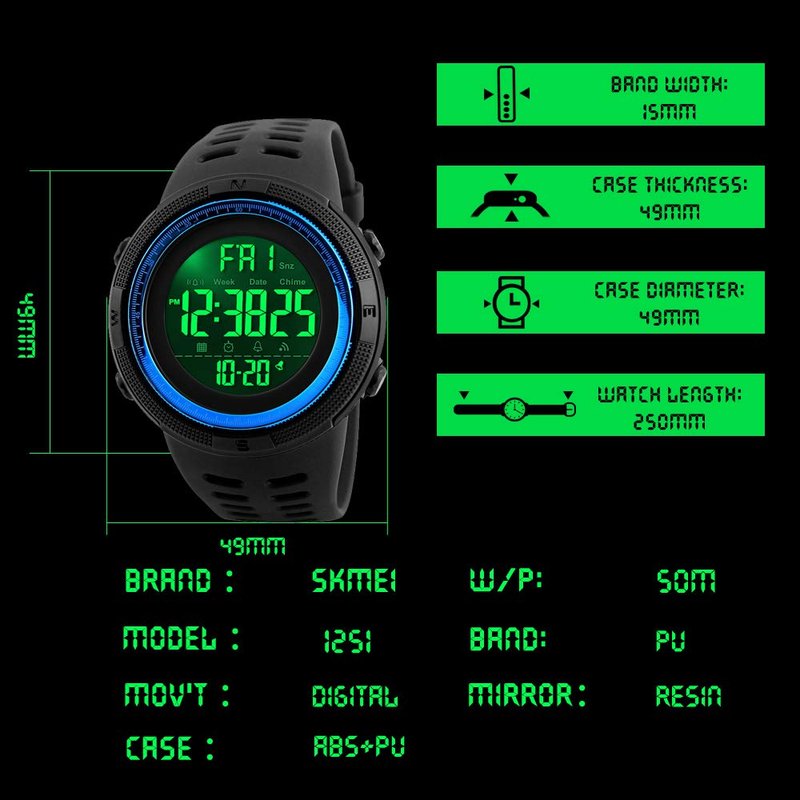 SKMEI Watch for Men,Military Sports Round Digital Watch with Waterproof Led Light Stopwatch Countdown Date Alarms Chronograph