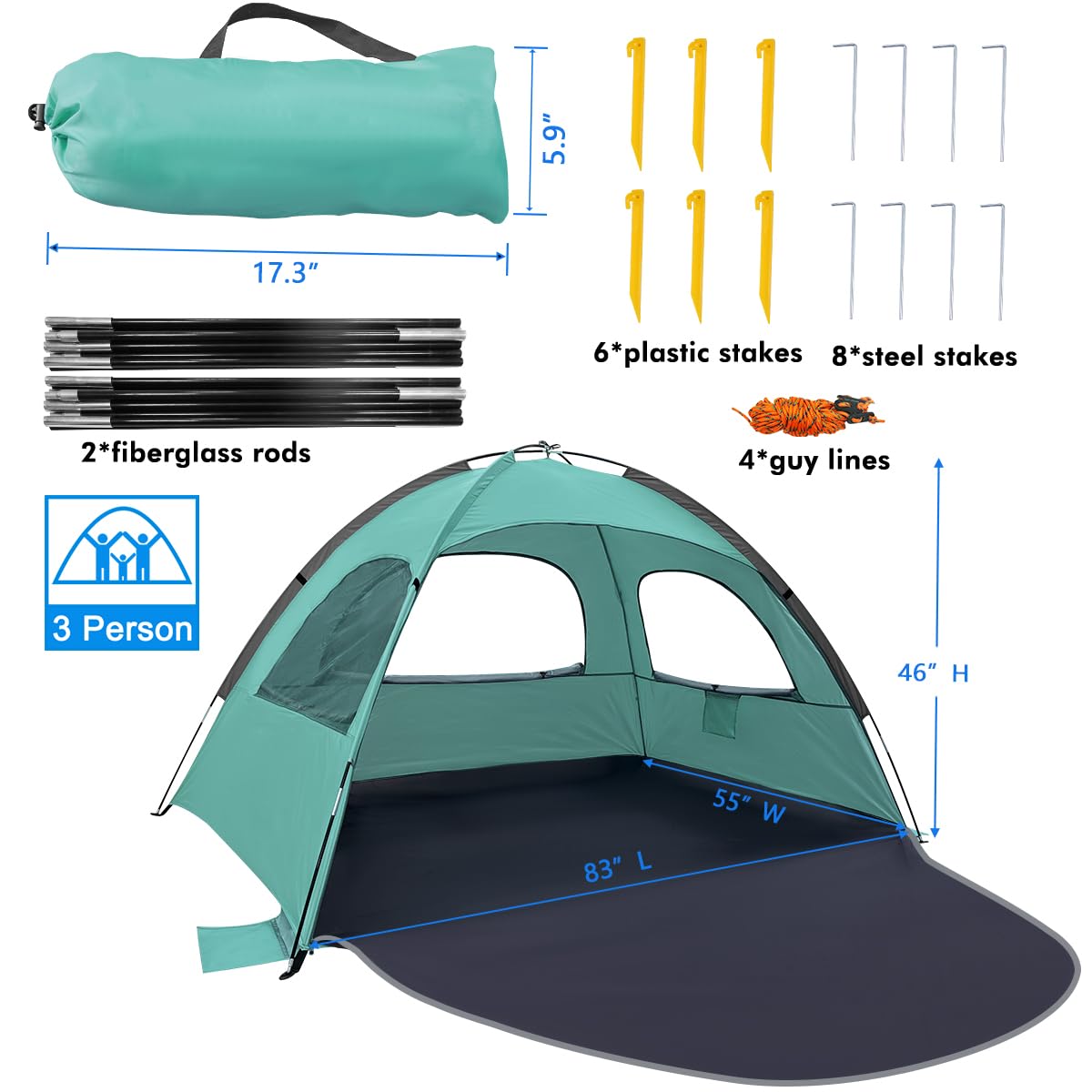 WhiteFang Beach Tent Anti-UV Portable Sun Shade Shelter for 3 Person, Extendable Floor with 3 Ventilating Mesh Windows Plus Carrying Bag, Stakes and Guy Lines (Beach Glass)