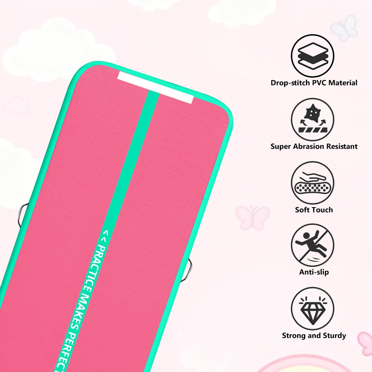 VOFiTNY All Purpose Gymnastics Air Mat 10’x3.3’x4’’ Sturdy Tumble Track for Home/Gym Pink/Green