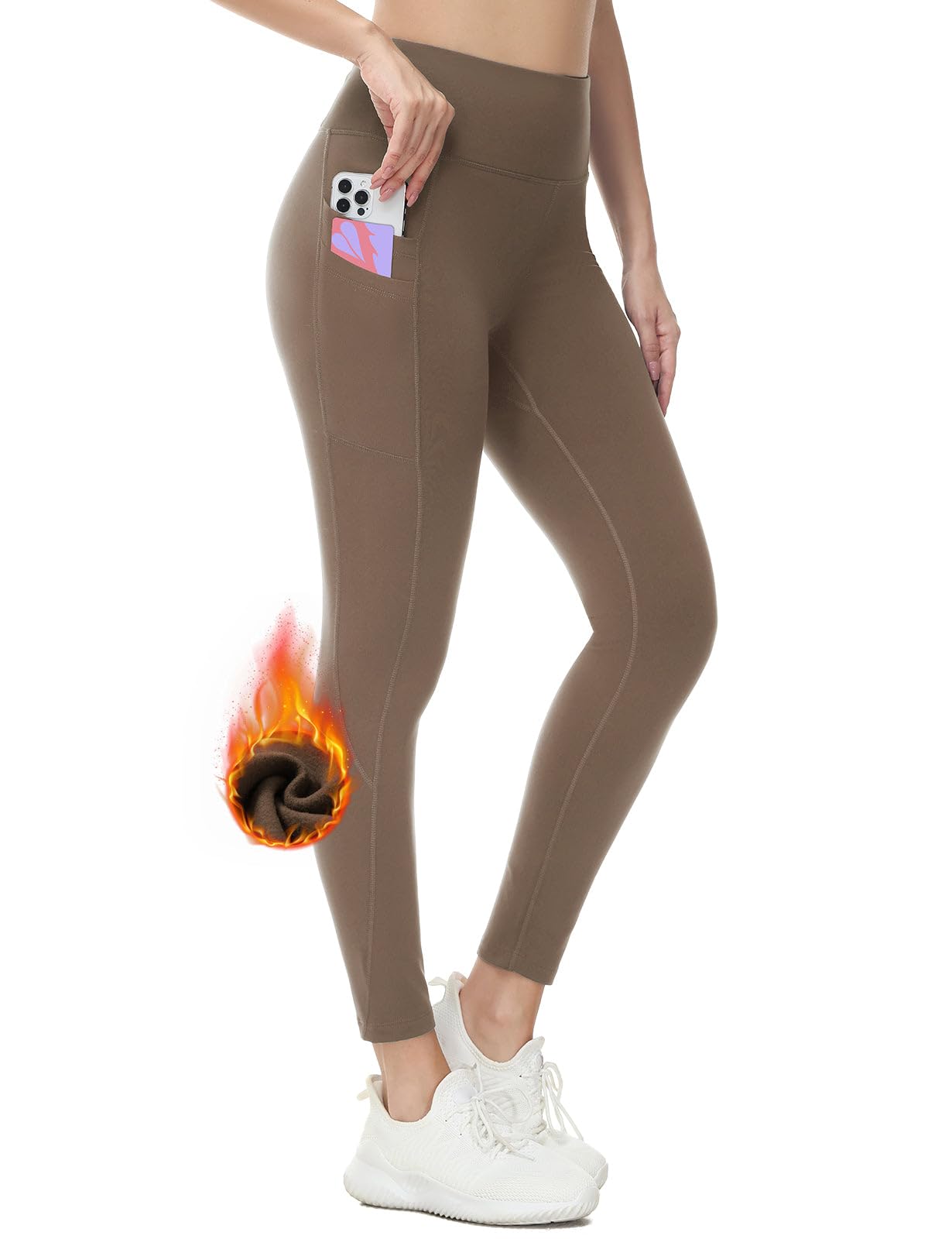 baleaf Fleece Lined Leggings Women Water Resistant 25" Petite Winter Warm Legging Thermal Running Tights Yoga Hiking Pants Brown L