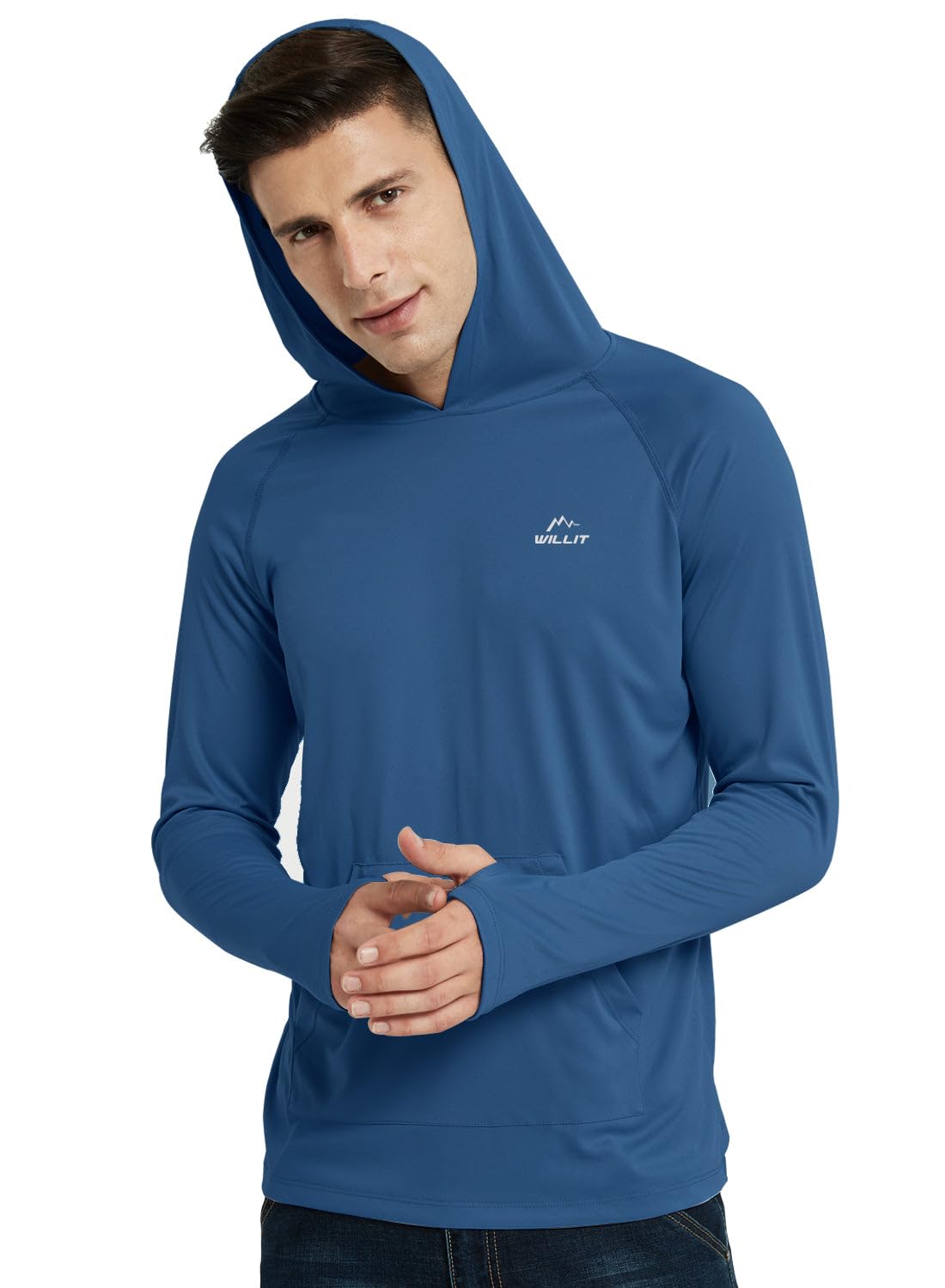 Willit Men's UPF 50+ Sun Protection Hoodie Shirt Long Sleeve Rash Guard Fishing SPF Outdoor UV Shirt Lightweight Pocket Ocean Blue L