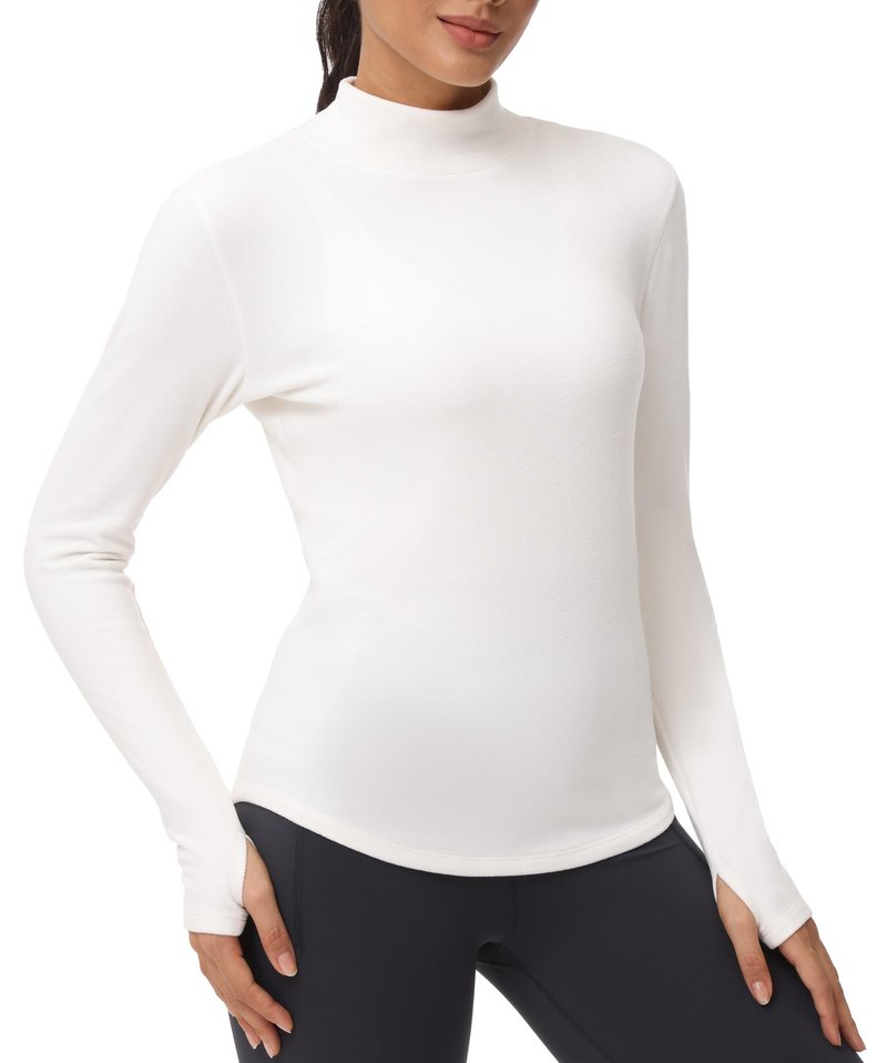 THE GYM PEOPLE Fleece Mock Turtleneck Pullover Base Layer Shirts Long Sleeve Workout Tops with Thumb Hole Beige
