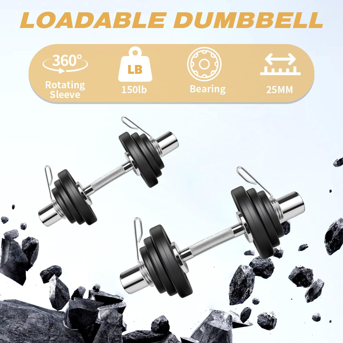 16" Olympic Dumbbell Handles, Pair Loadable Dumbbell Bars for 2-inch Weight Plates with Rotating Sleeves & 4 Spring Collars, Home Gym Strength Training (Silver)