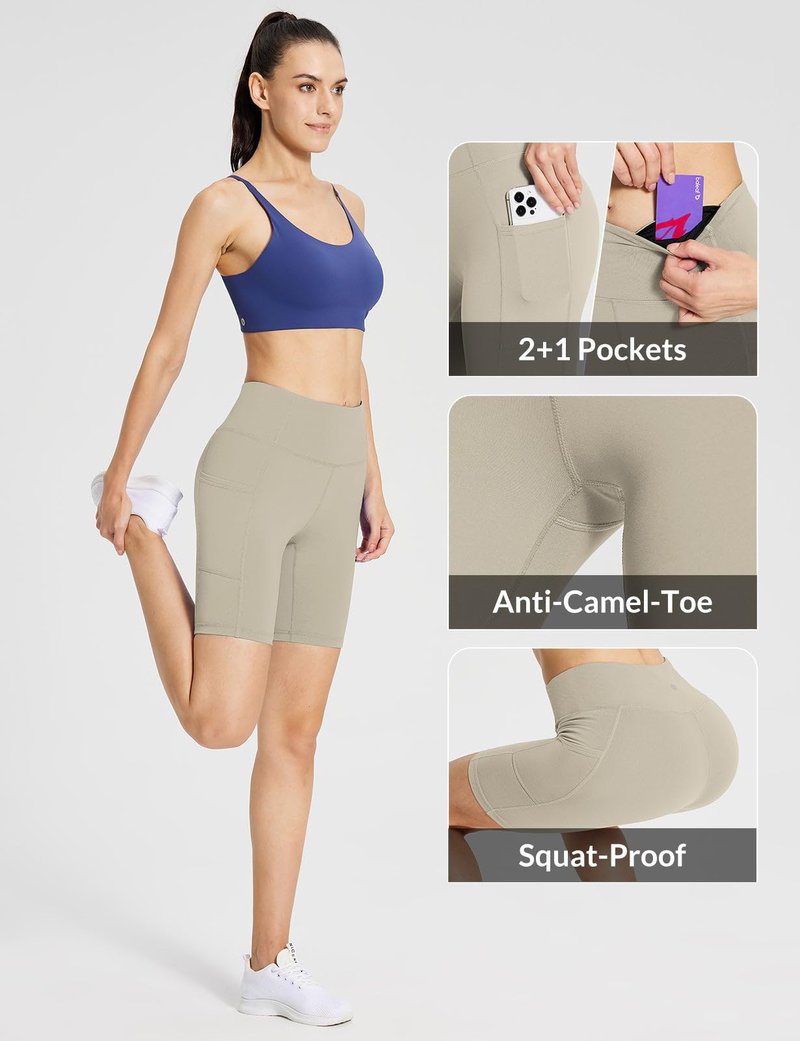 baleaf Biker Shorts Women Yoga Gym Workout Spandex Running Volleyball Tummy Control Compression with Pockets 8" Khaki XXL