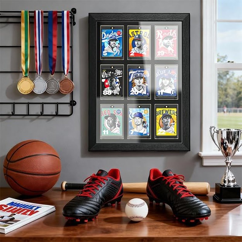 Trading Card Display Case - Wall Mount for 9 Standard Cards | UV Protection Magnetic Holder for Baseball, Football, Basketball, Hockey