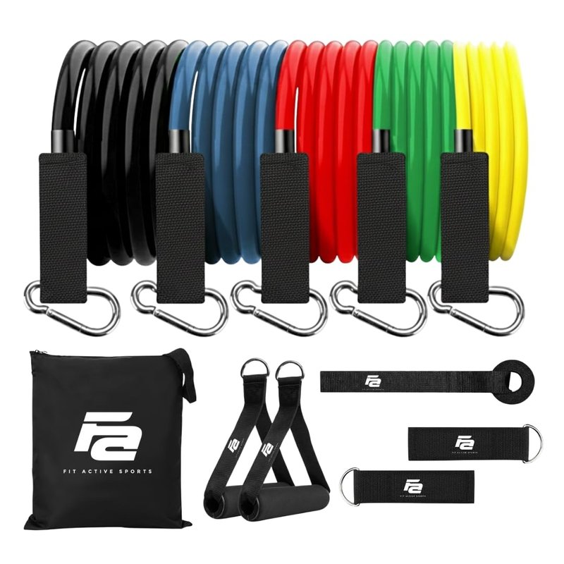 Fit Active Sports Resistance Bands Set with Handles, Ankle Straps, Door Anchor, Exercise Chart and Free Carrying Bag - Excellent for Body Toning, Building Muscle, Strengthening Joints, and More!