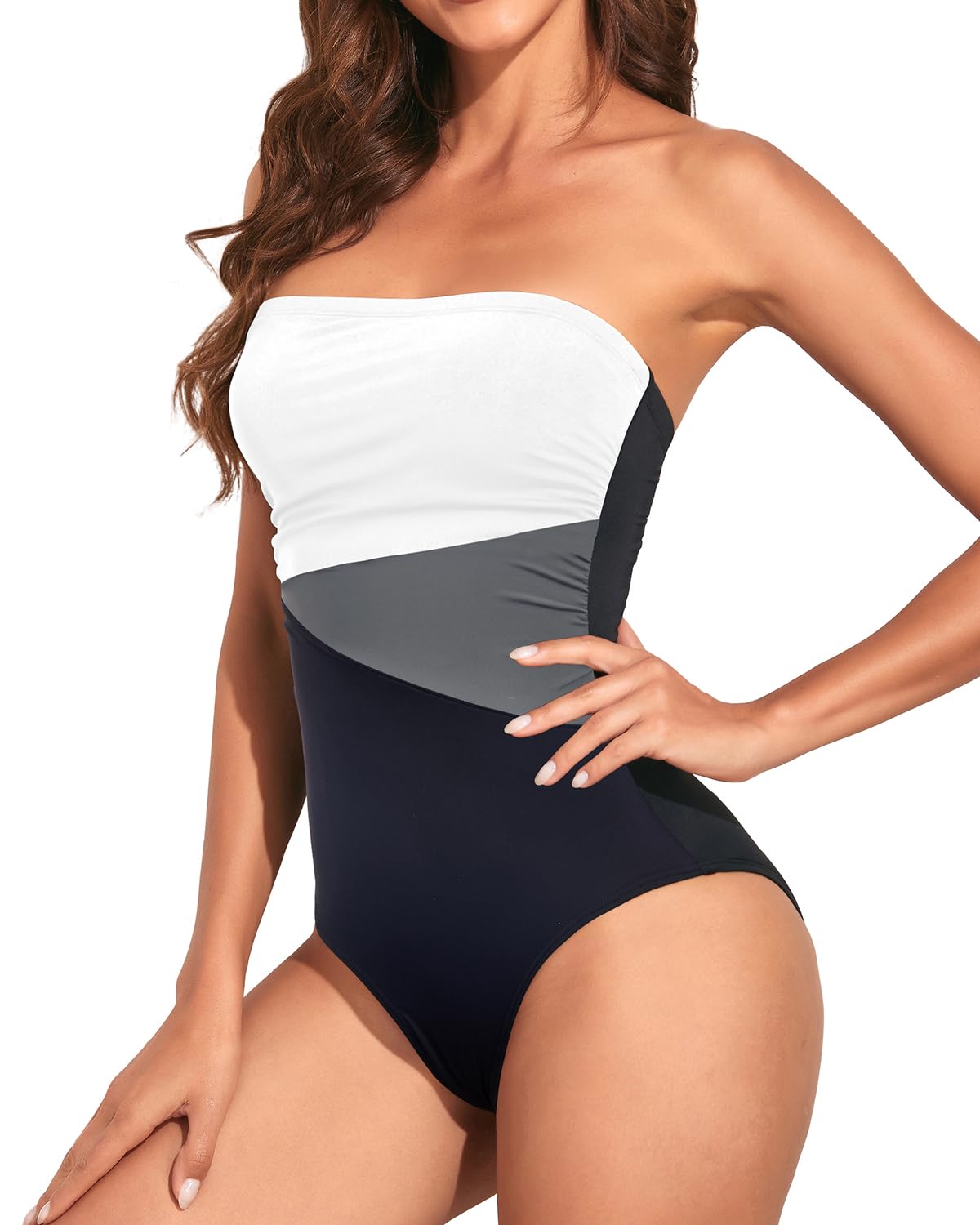 Holipick Women Black White Grey Strapless Bandeau One Piece Swimsuits Tummy Control Bathing Suits Halter Strapless Swimwear L