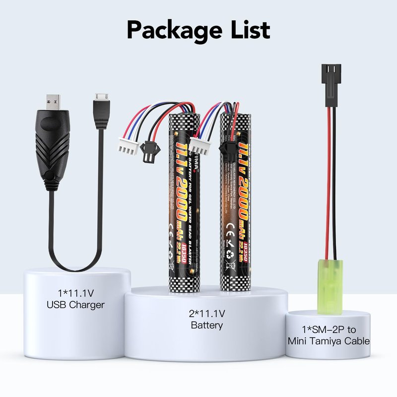 NASTIMA Airsoft Battery 11.1V 2000mAh SM2P Plug, Airsoft Gel Water Bead Blaster Batteries for Splatter Ball with Charging Cable (2 Pack)