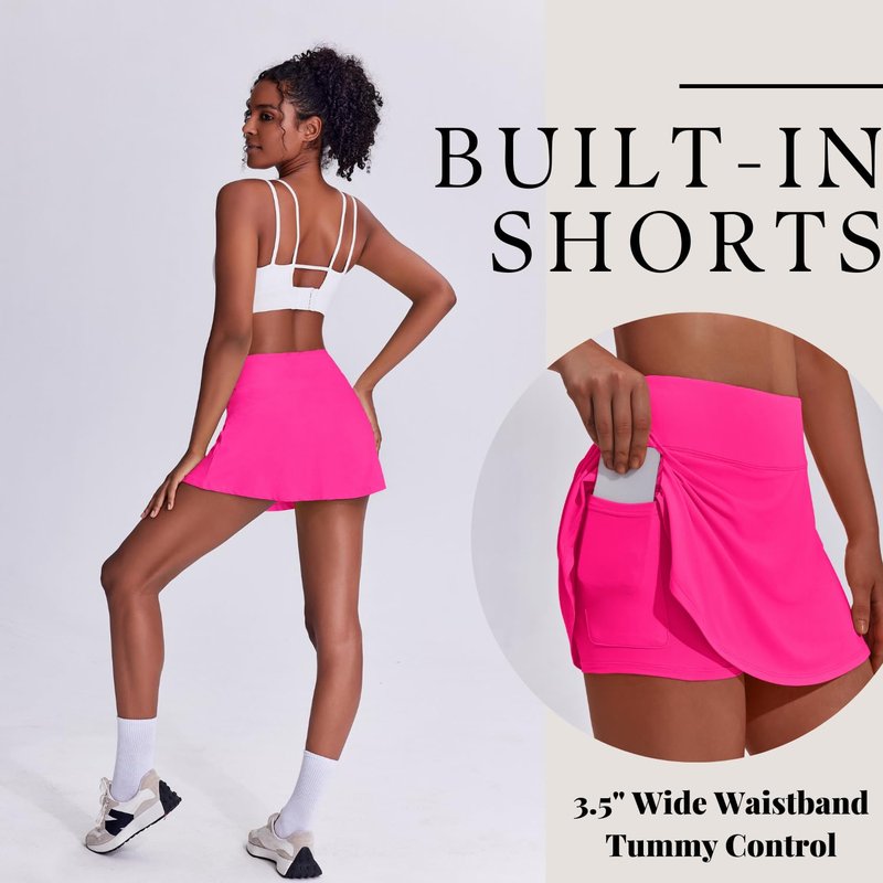 PINSPARK Pleated Tennis Skirts for Women Athletic Golf Skort with Pockets Casual Dressy High Waist,Hot Pink XX-Large