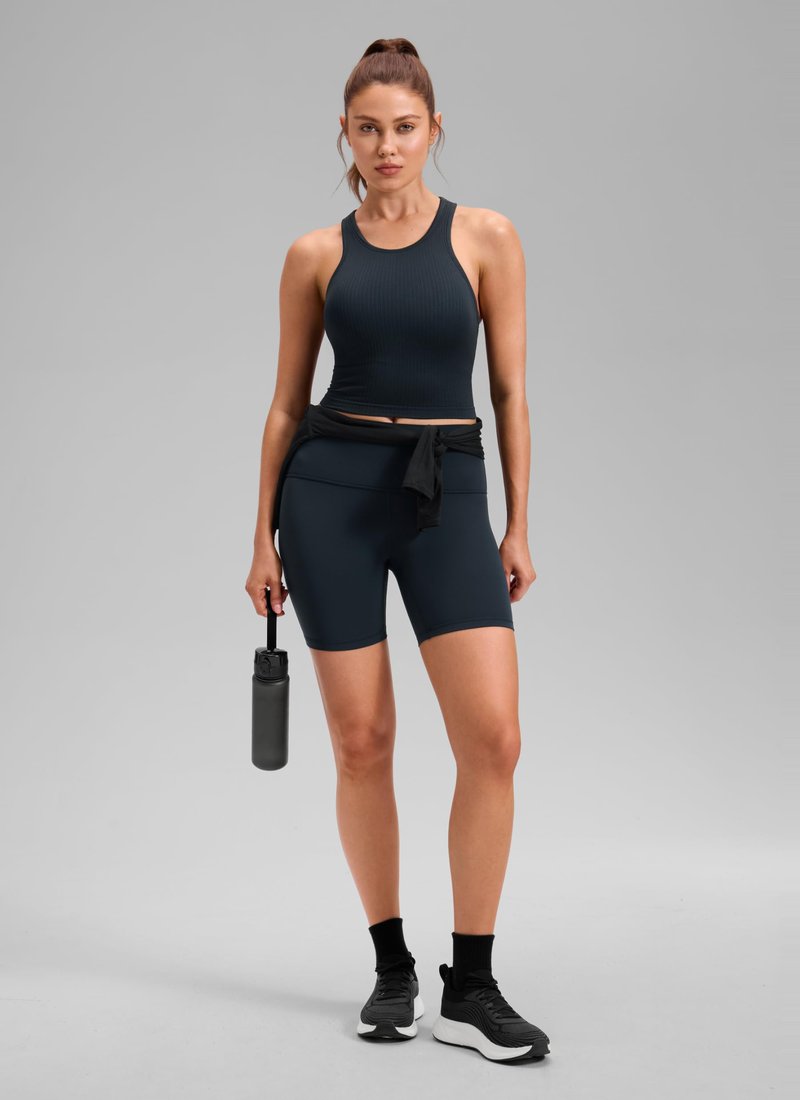 CRZ YOGA Seamless Ribbed High Neck Crop Tank Tops for Women - Longline Racerback Padded Sports Bras True Navy Medium