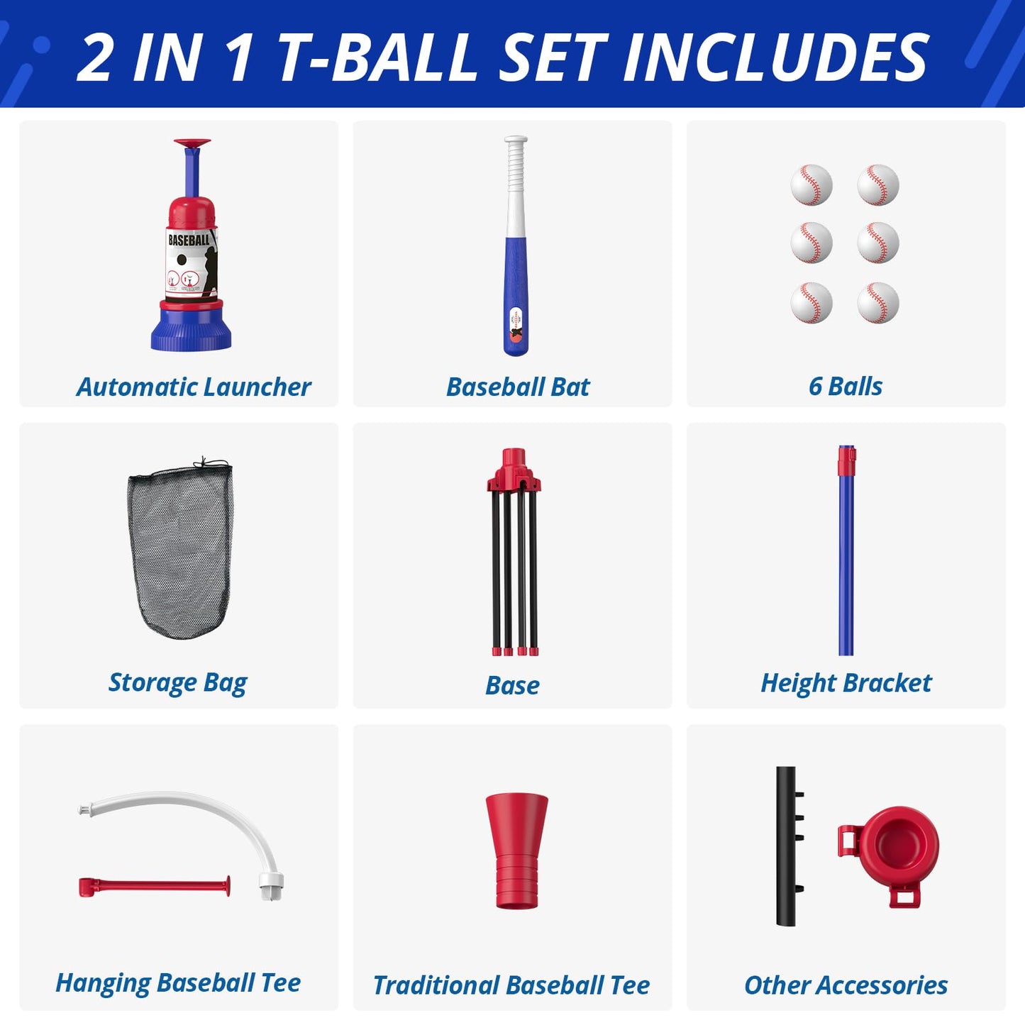 HYES 3-in-1 Baseball Set for Kids 3-5 - Tee Ball Stand, Hanging Tee, Ball Launcher and 6 Softballs - Adjustable Height, Indoor/Outdoor Sport Gifts for Boys Girls, Blue