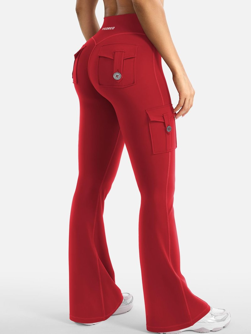 YEOREO CoreFlex Women Workout Flare Leggings with Pockets Hidden Scrunch Cargo Gym Yoga No Front Seam Leggings Red S