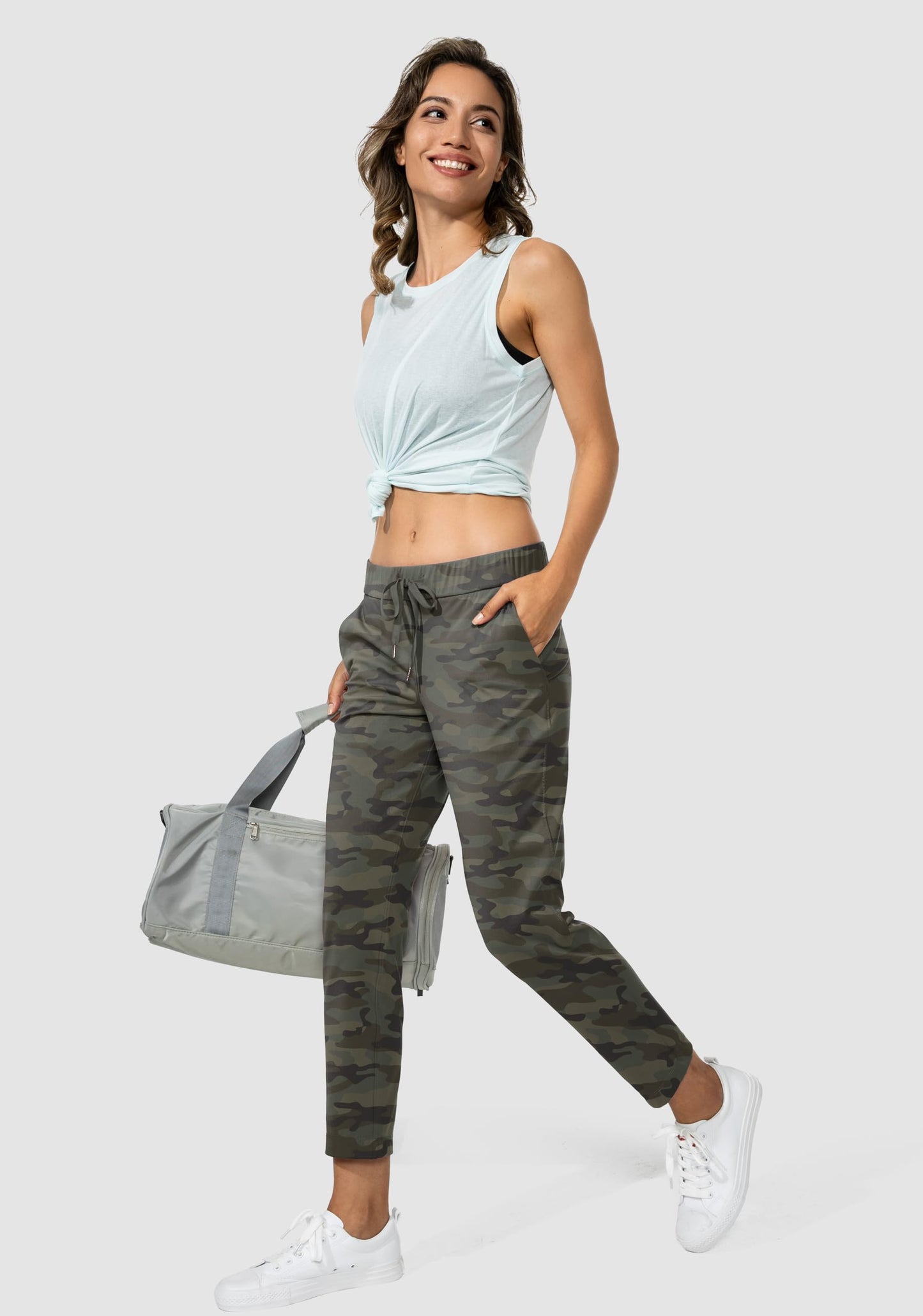 G Gradual Women's Pants with Deep Pockets 7/8 Stretch Sweatpants for Women Athletic, Golf, Lounge, Work (Green Camo, Large)