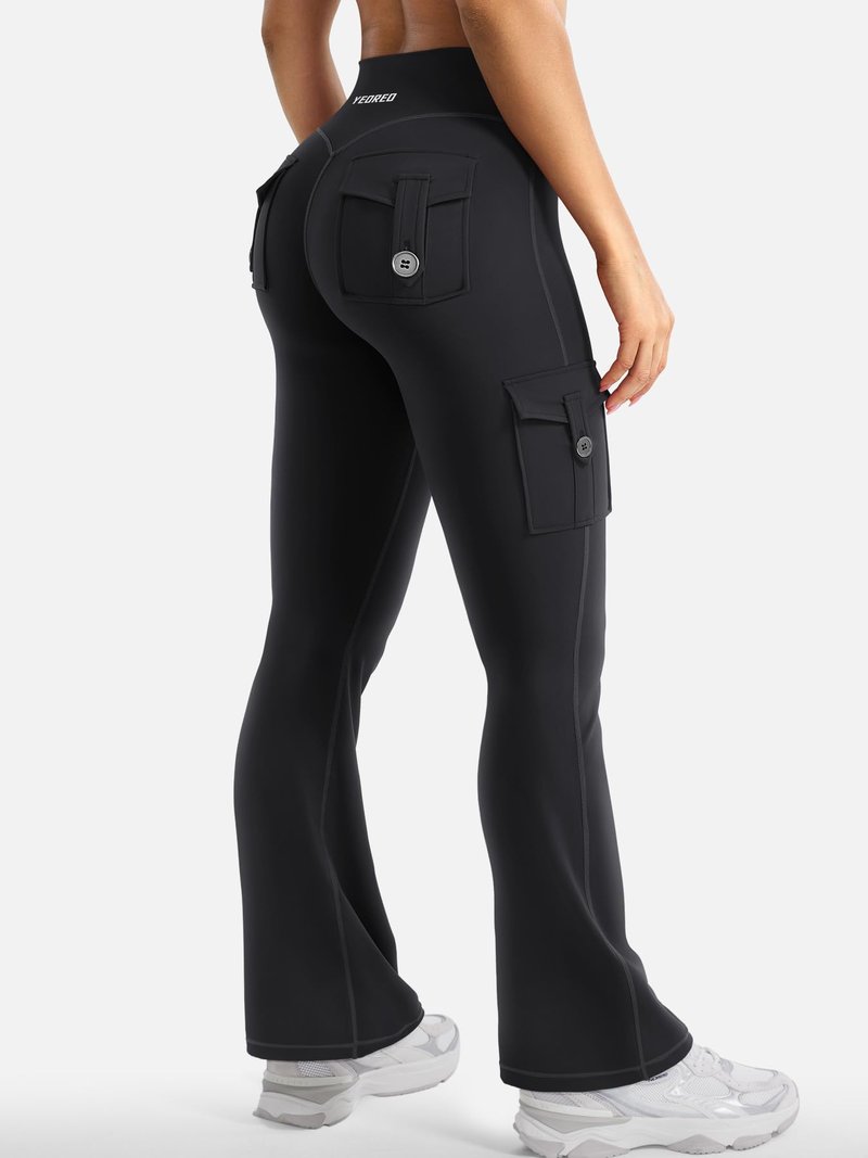 YEOREO CoreFlex Women Workout Flare Leggings with Pockets Scrunch Cargo Gym Yoga Leggings Black XXL