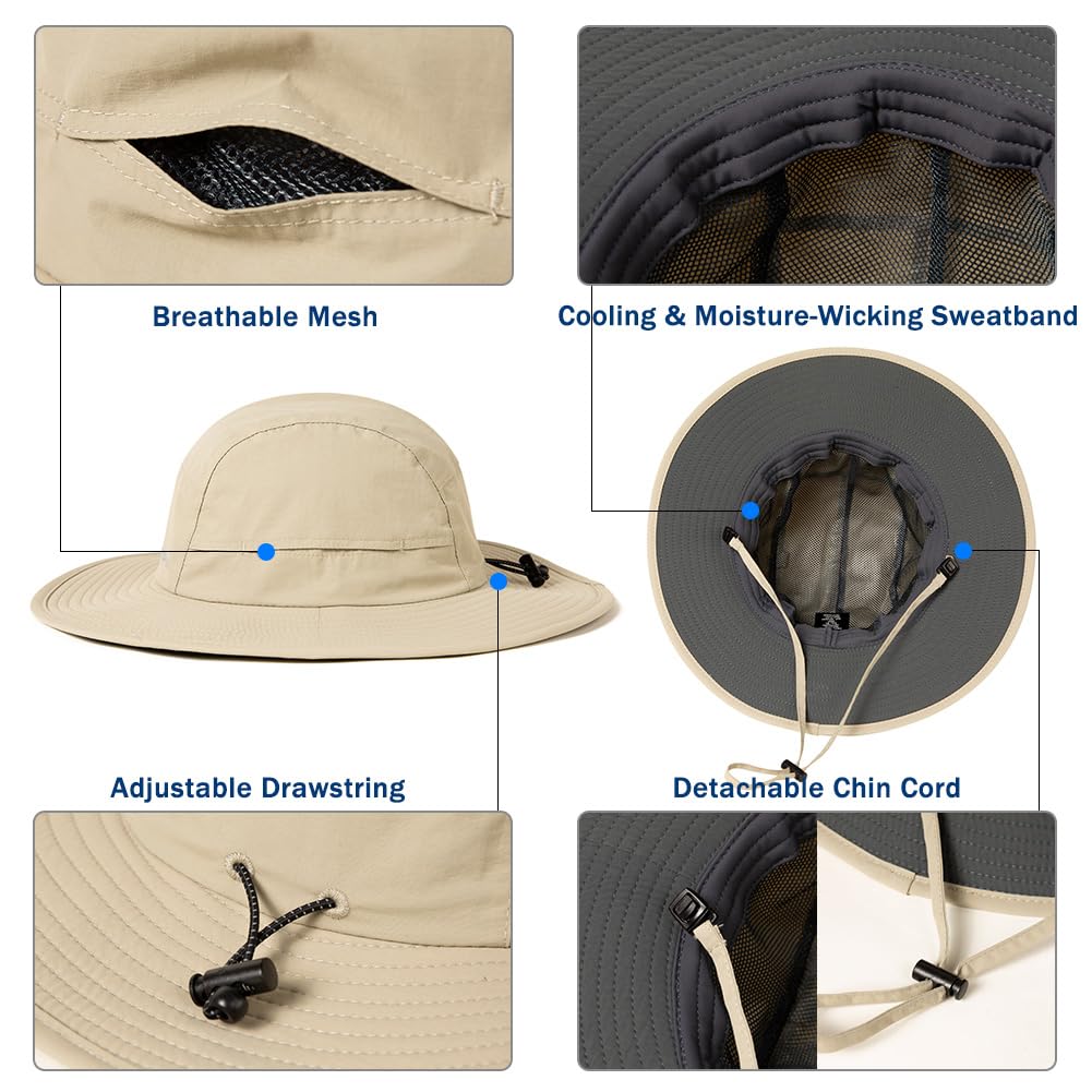 TOP-EX Waterproof Mens Sun Hat Wide Brim UPF 50+ Bucket Hat for Women Sun Protection Boonie Outdoor Hiking Safari Pakcable Foldable Beige Medium