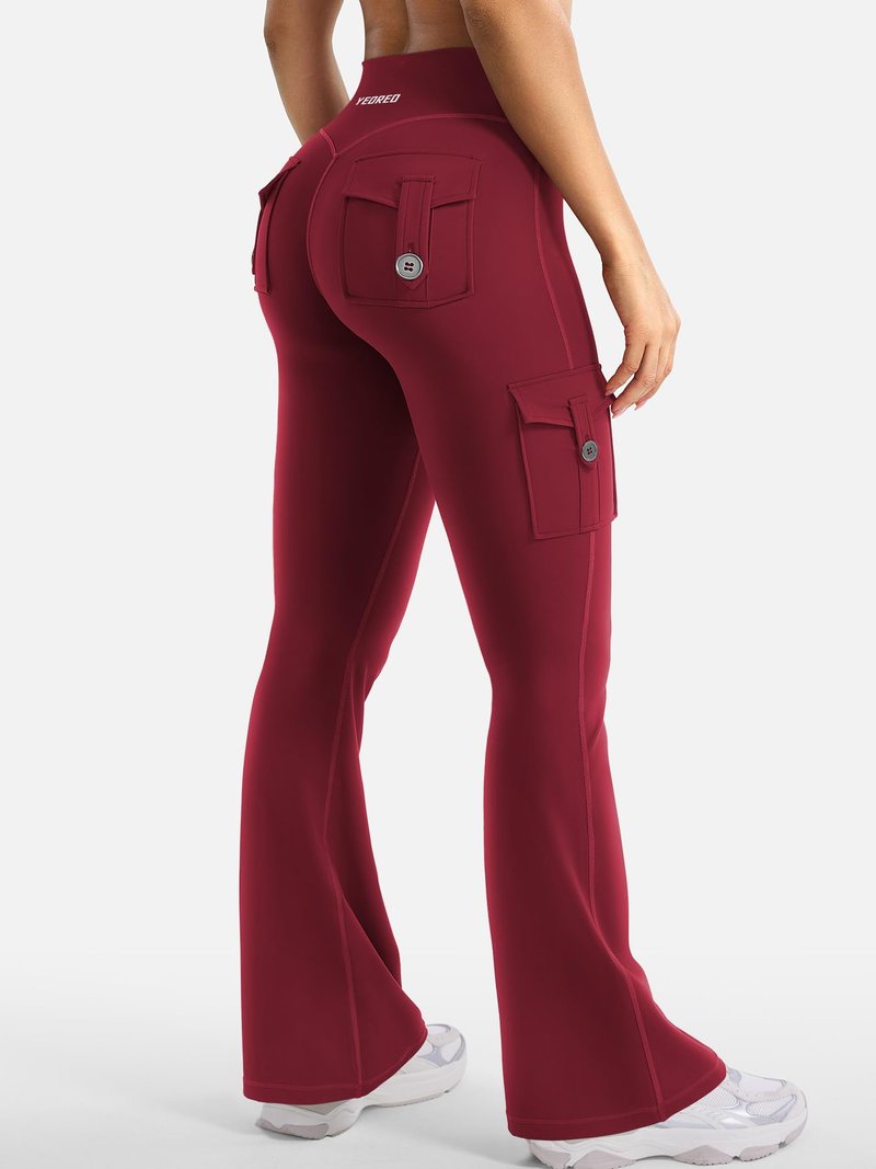 YEOREO CoreFlex Women Workout Flare Leggings with Pockets Hidden Scrunch High Waisted Cargo Gym Yoga No Front Seam Leggings (Wine, Medium, 30" Inseam)