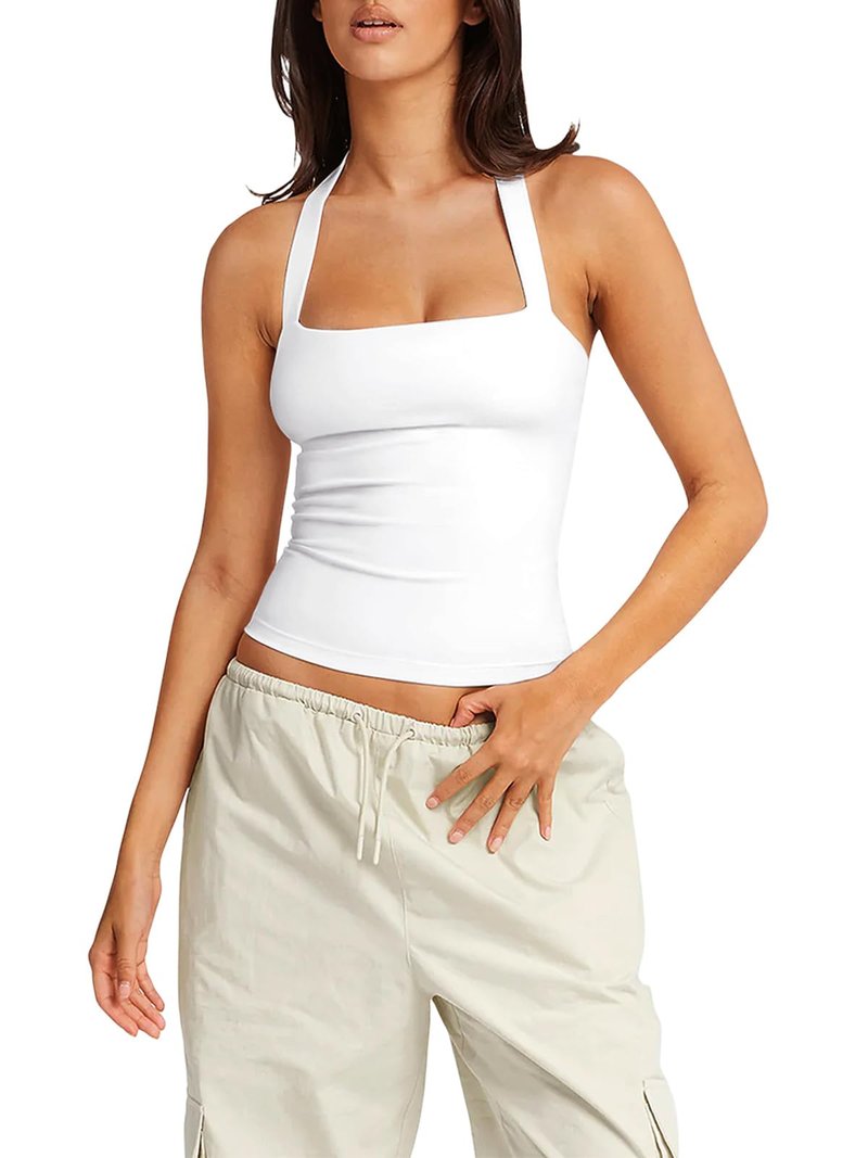 LASLULU Womens Square Neck Workout Tops Sports Bra Longline Padded Bra Sexy Halter White Tank Athletic Fitness Summer 2026 Yoga Pilates Tops(White Medium)