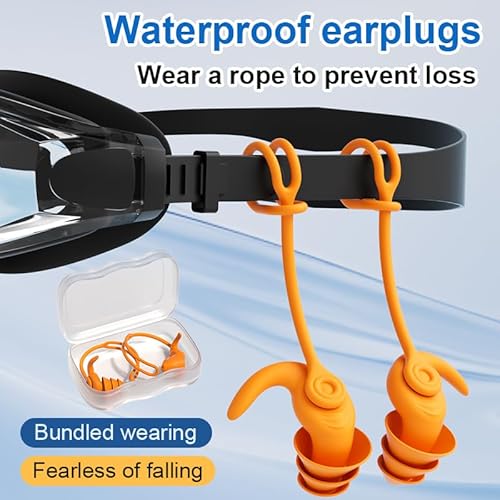 Swimming Ear Plugs for Adults,3 Pairs Anti-Lost Waterproof Reusable Silicone Swim Earplugs for Swimming Showering Surfing Snorkeling (Black,Blue,Cyan, Adults Size)