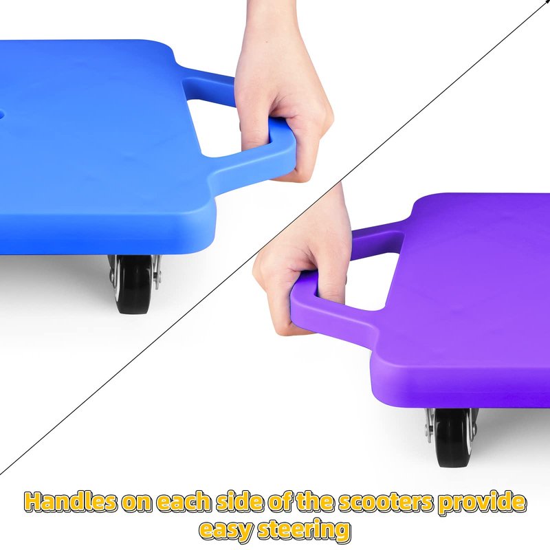 4 Pack Sports Scooter Board with Handles, Floor Sitting Scooter Board with Non-Marring Plastic Casters for Kids Gym Indoor Outdoor Play, 12 Inches