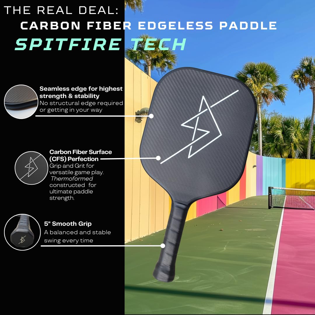 Spitfire Carbon Pickleball Paddle- Wide- Edgeless Raw Carbon Fiber Strength - Engineered in San Diego