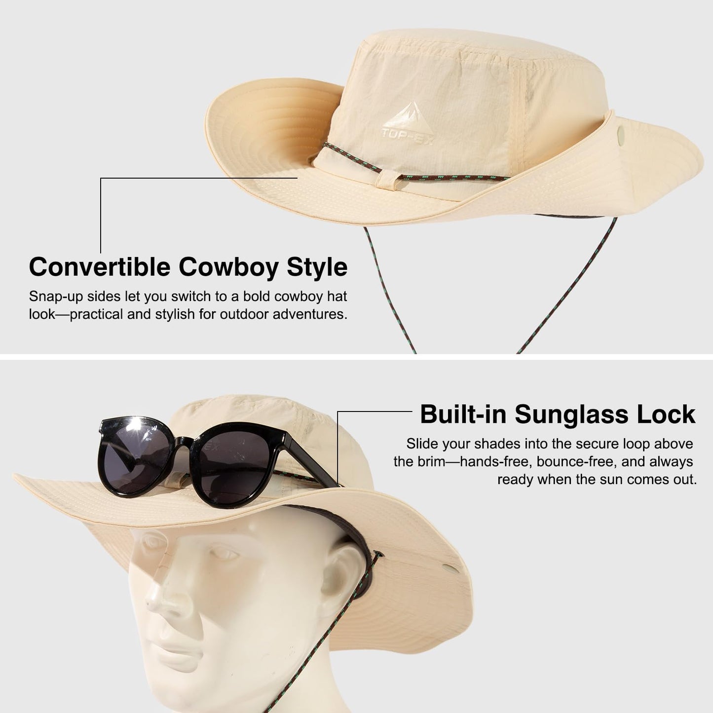 TOP-EX XL/XXL Mens Waterproof Sun Hat UV Protection Wide Brim Bucket Hat for Summer Travel Fishing Hiking Packable & Sunglass Lock Beige XL 62 63