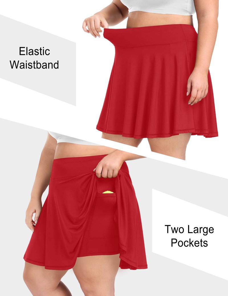 COOTRY Women's Plus Size Pleated Tennis Skirt with Shorts Athletic Golf Skorts with Pockets High Waisted Workout Skirts Red 3XL