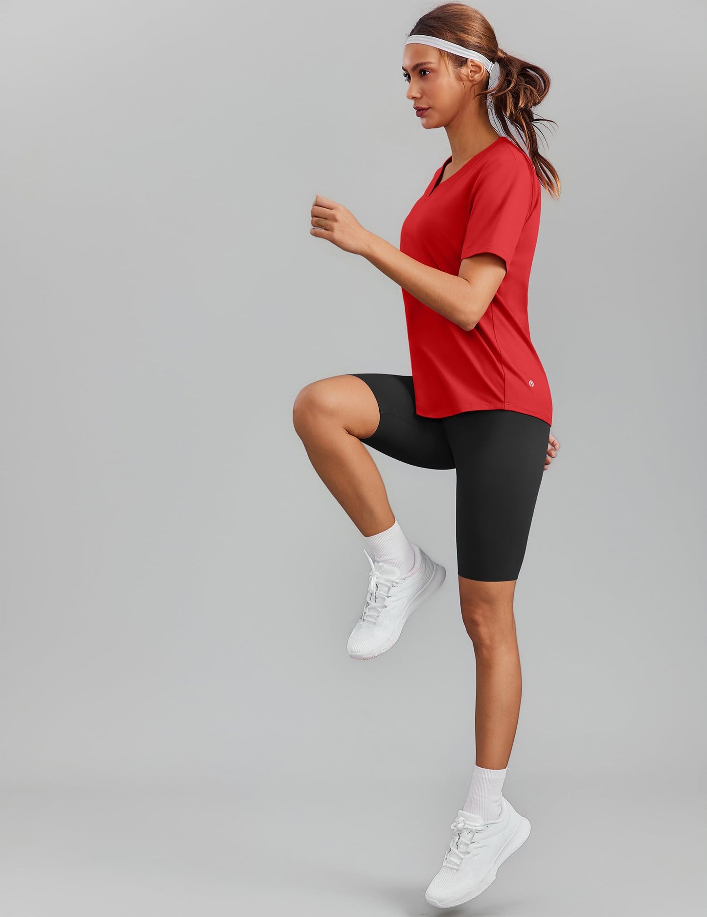 PINSPARK Gym Shirts for Women Short Sleeve V Neck Workout Tops Moisture Wicking Athletic T-Shirts Quick Dry Fitness Exercise,Red Small