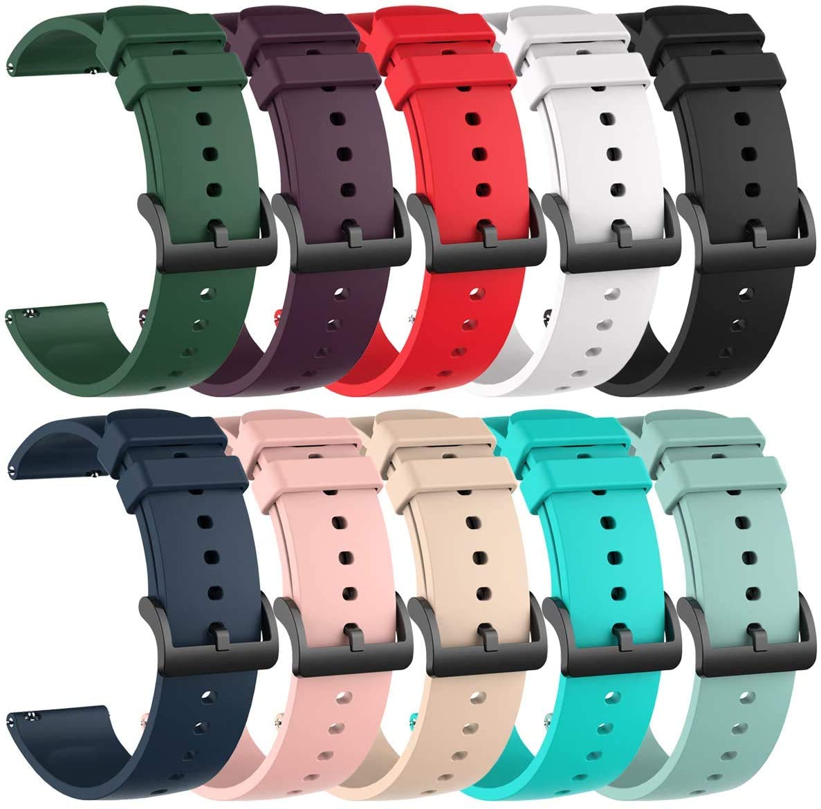 E ECSEM 10PACK Multicolor Bands for Sanorum G56/Banlvs G56 G62/Jacoosa K62/QONBINK K62/Tiwain K62/RUXINGX G62 Watch Straps, 22MM Quick Release Adjustable Silicone Sport Replacement Wristbands Straps