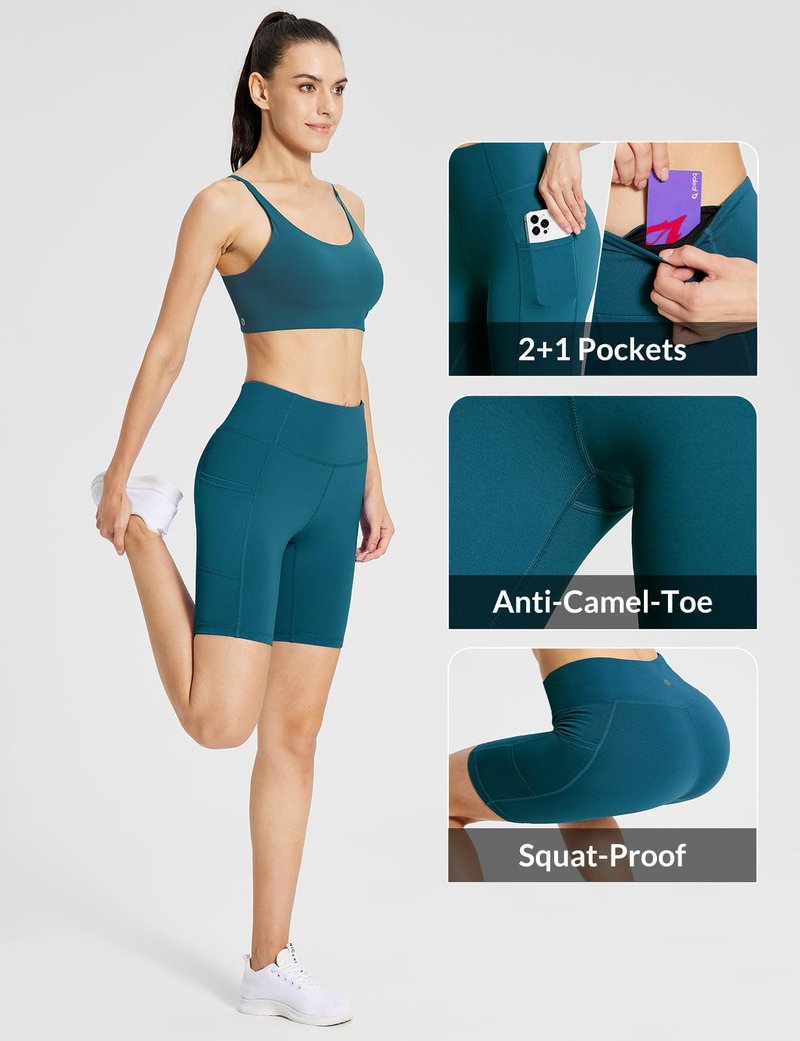 baleaf Biker Shorts Women Yoga Gym Workout Spandex Running Volleyball Tummy Control Compression with Pockets 8" Blue XL