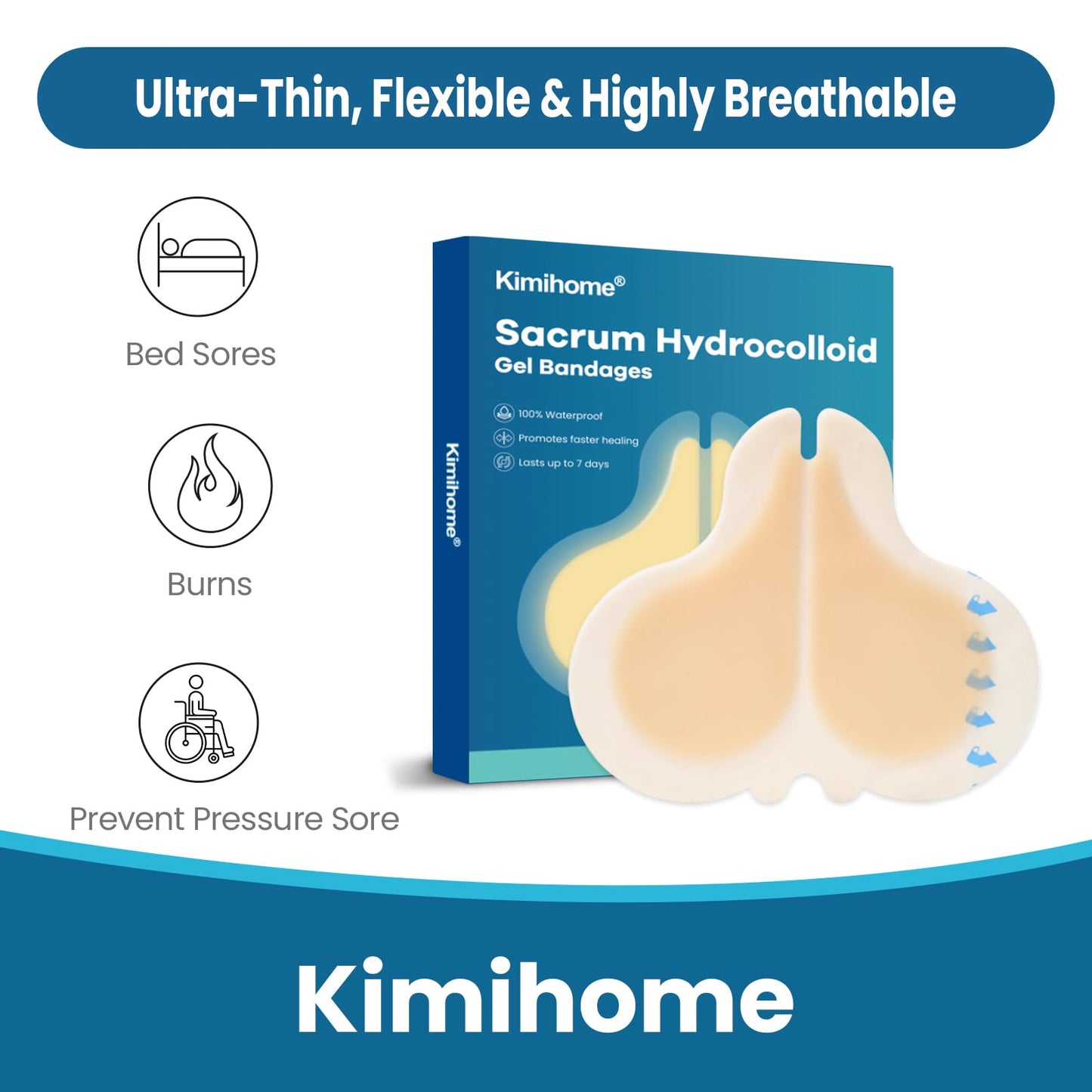 Kimihome Hydrocolloid Sacral Dressing 5cm x 18cm, Self-Adhesive Border Pad, Waterproof & Absorbent for Pressure Ulcer Care, 8 Pack