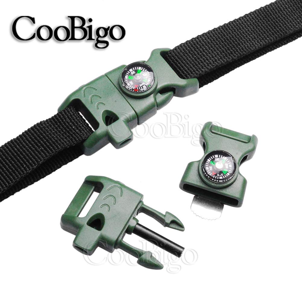 CooBigo 10Pack 5/8" Compass Whistle Buckle Plastic Paracord Bracelet Outdoor Camping Emergency Survival Travel Kits (MilitaryGreen)