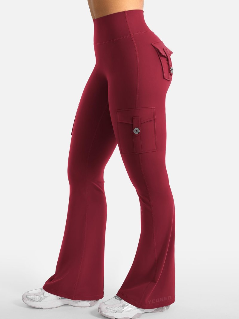 YEOREO CoreFlex Women Workout Flare Leggings with Pockets Hidden Scrunch High Waisted Cargo Gym Yoga Leggings Wine XXL