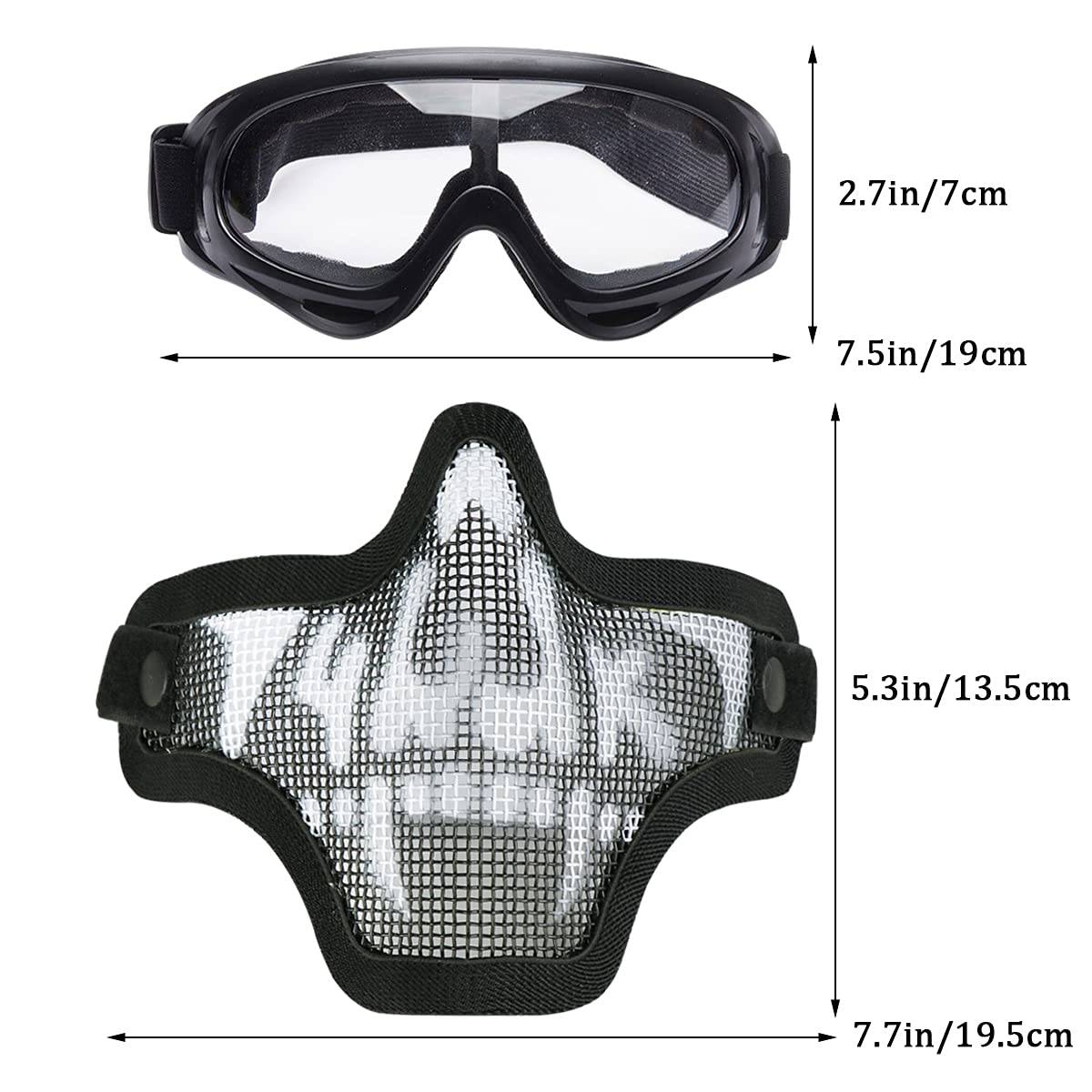 Aoutacc Airsoft Half Face Mask Steel Mesh and Goggles Set, Paintball Masks Protection Gear for Paintball BBS CS Nerf Game Cosplay Halloween Costume Accessories (Black with Pattern)