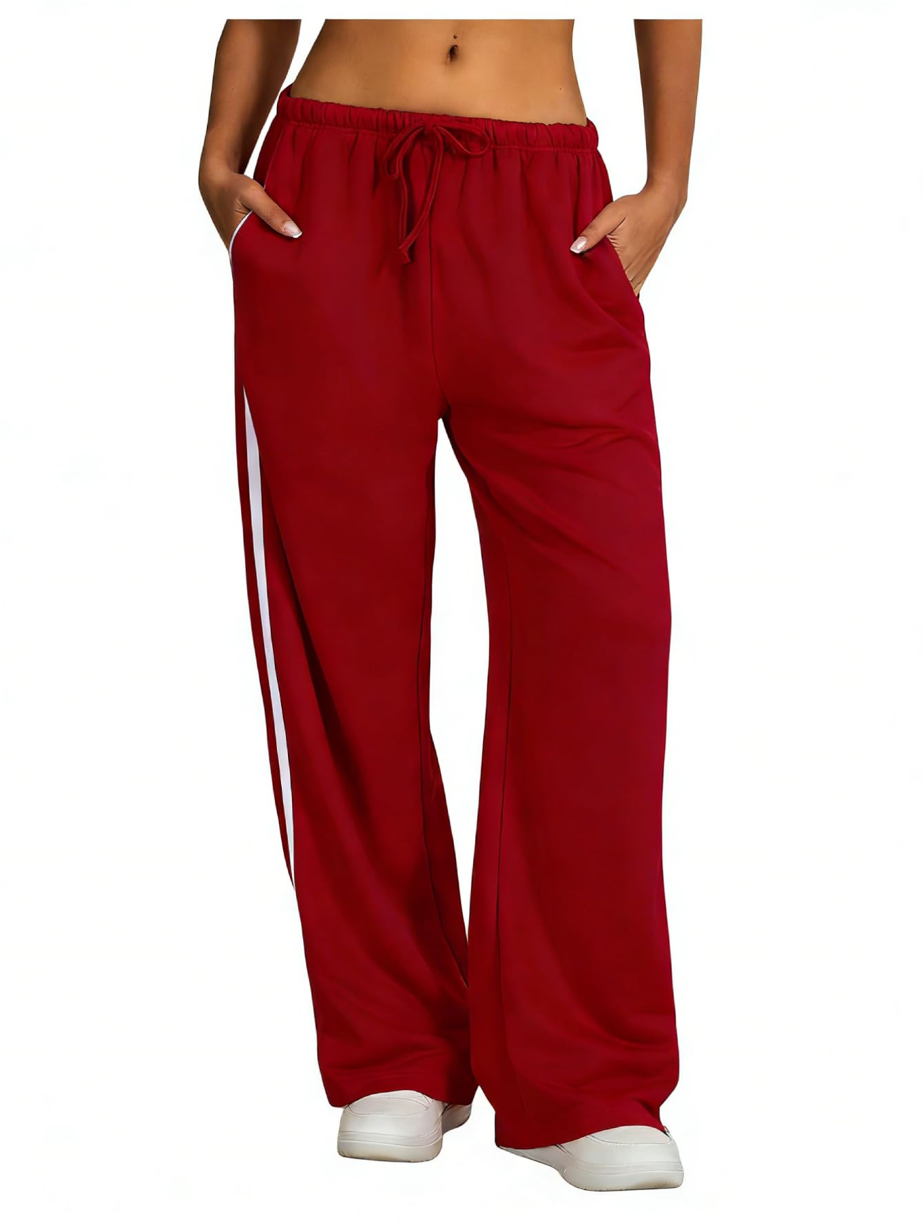 BEAUDRM Women's Y2K Baggy Sweatpants Wide Leg Track Pants Striped Low Rise Drawstring Pant Joggers Streetwear Red Medium