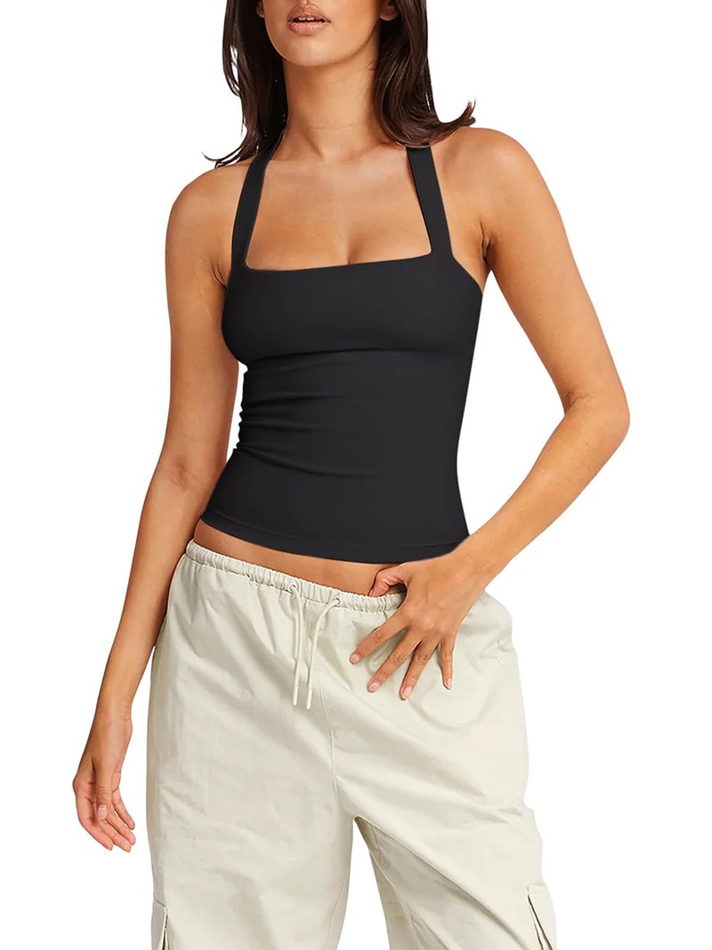 LASLULU Womens Square Neck Workout Tops Black Sports Bra Longline Padded Bra Sexy Halter Tank Athletic Summer 2026 Running Yoga Pilates Tops(Black Small)