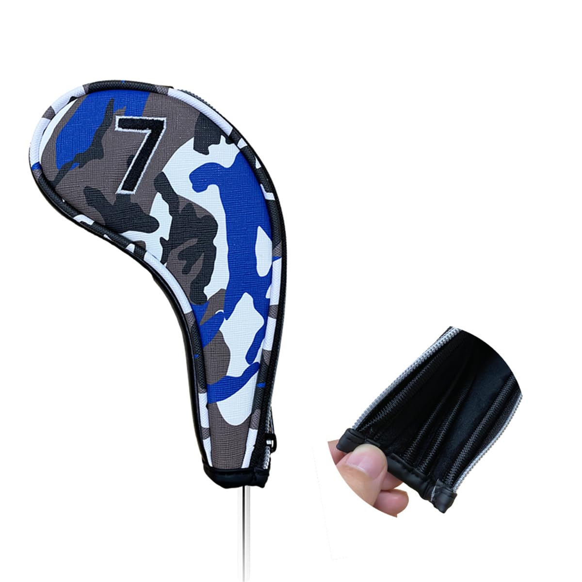 9pcs PU Leather Camouflage Blue Zipper Long Neck Design Golf Iron Headcovers Both Side Number Golf Iron Club Head Cover LH RH Covers #4-9,P,S,A