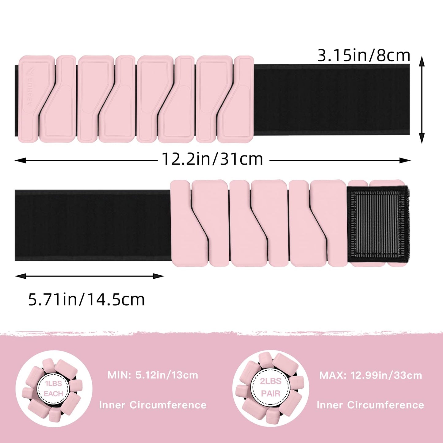 Abahub Adjustable Wrist & Ankle Weights 2Pack, Wearable Silicone Weighted Bracelet for Women, Arm Leg Weights for Home Gym Workout, Running, Yoga & Pilates - Pink (2LB Total)