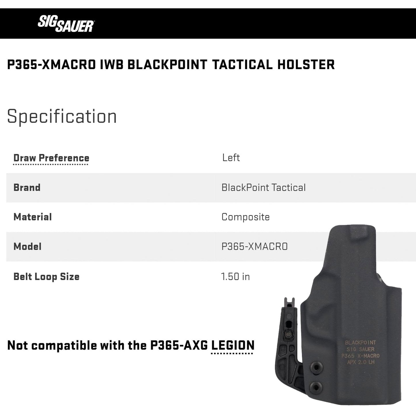 SIG SAUER P365 X-Macro IWB BlackPoint Tactical Left-Hand Lightweight Durable Adjustable Concealed Carry Hip Handgun Holster