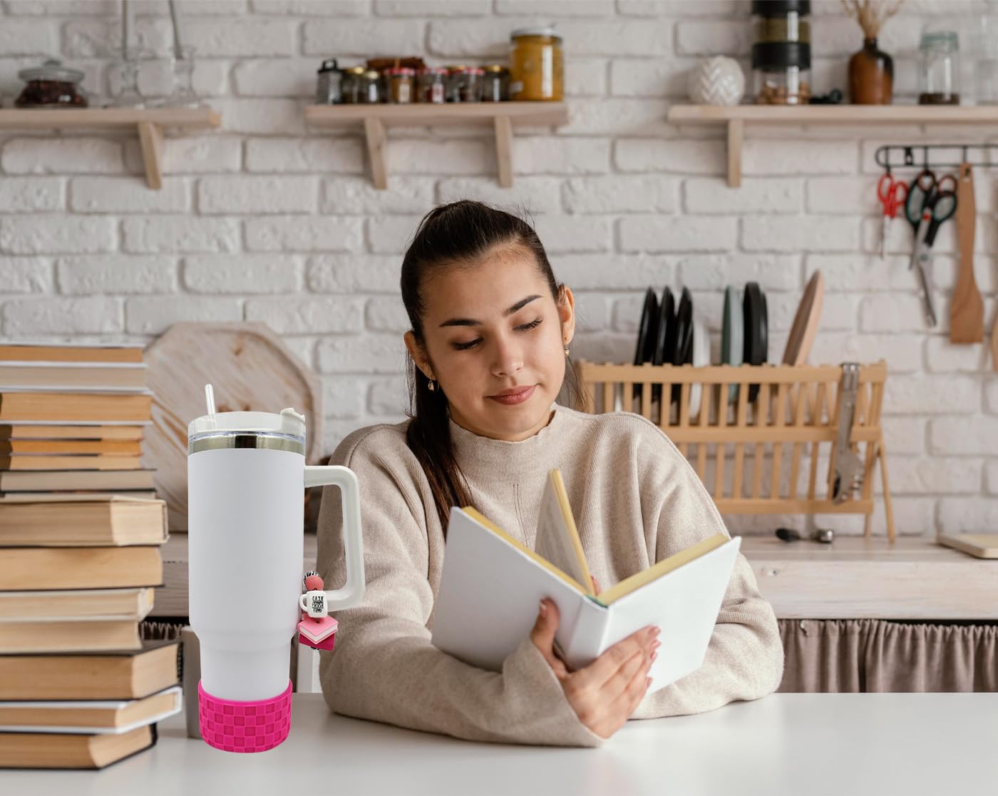 WAFOIRO Book Lover Tumbler Handle Decor Hot Pink Silicone Boot Teacher Tumbler Bottom Cover Cup Protector for 30oz&40oz Water Botter Accessories